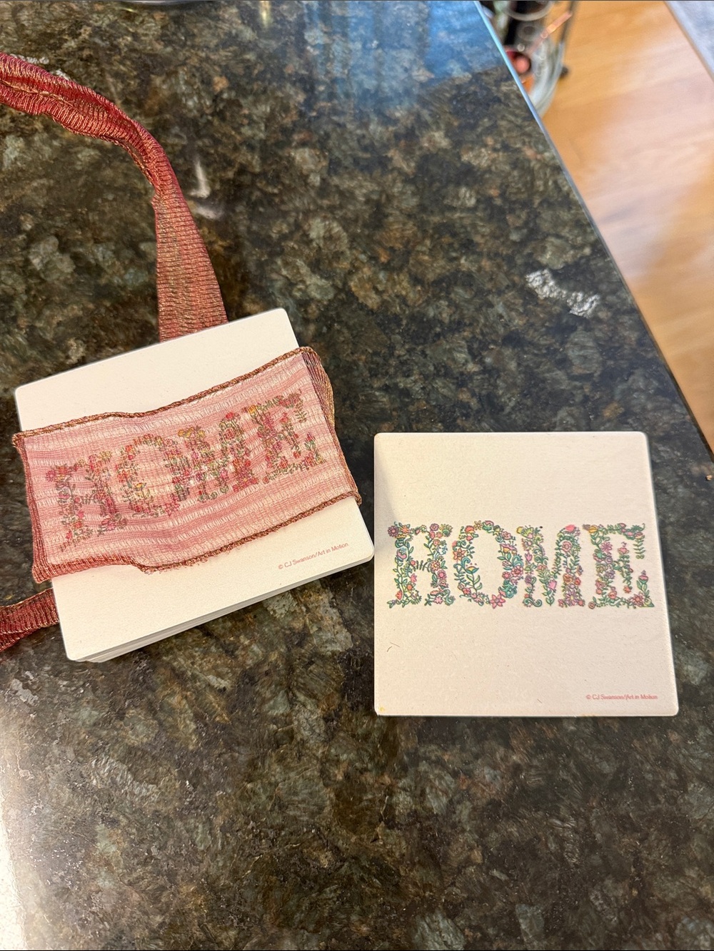 Floral 'HOME' Painted Ceramic Coasters